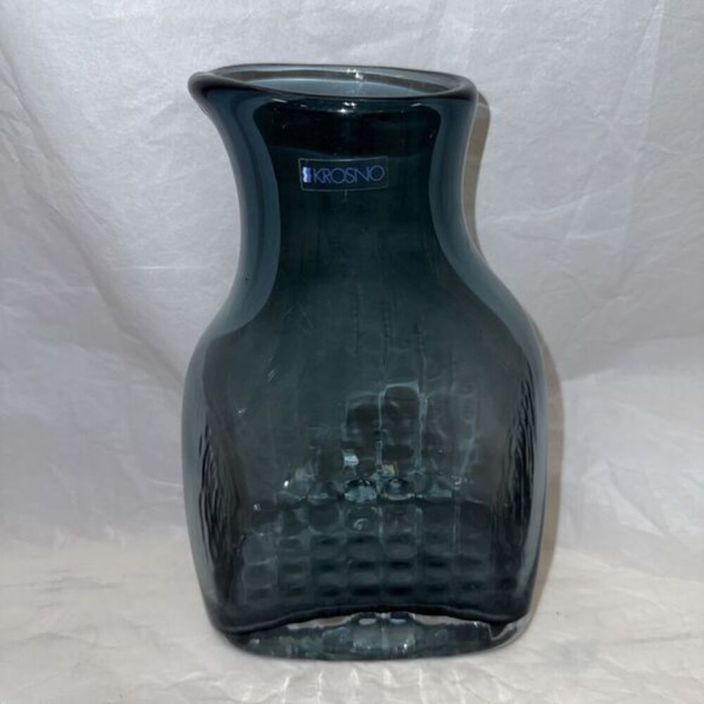 Krosno Poland Smoky Blue Gray Blown Art Glass Pitcher w/ Sticker Heavy